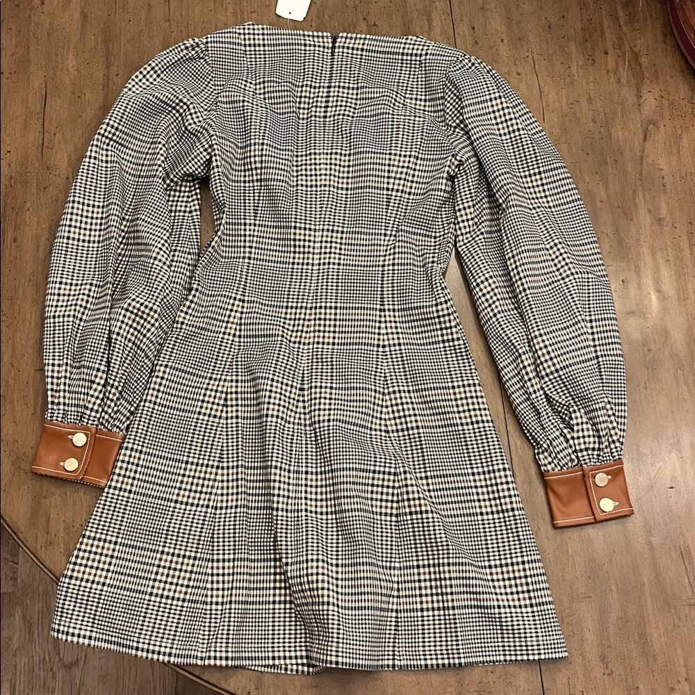 STAUD Black and White Houndstooth Long Sleeve Dress with Brown Leather Pocket - Picture 3 of 4